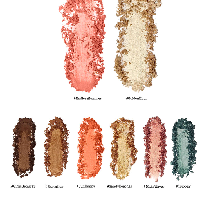 Photograph showing Gold Coast face palette smears. Girls Getaway, Baecation, Sun Bunny, Sandy Beaches, Make Waves, Trippin', Endless Summer, and Golden Hour.