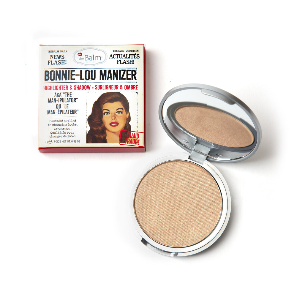 Photograph of Bonnie-Lou Manizer Packaging and makeup. Makeup half closed