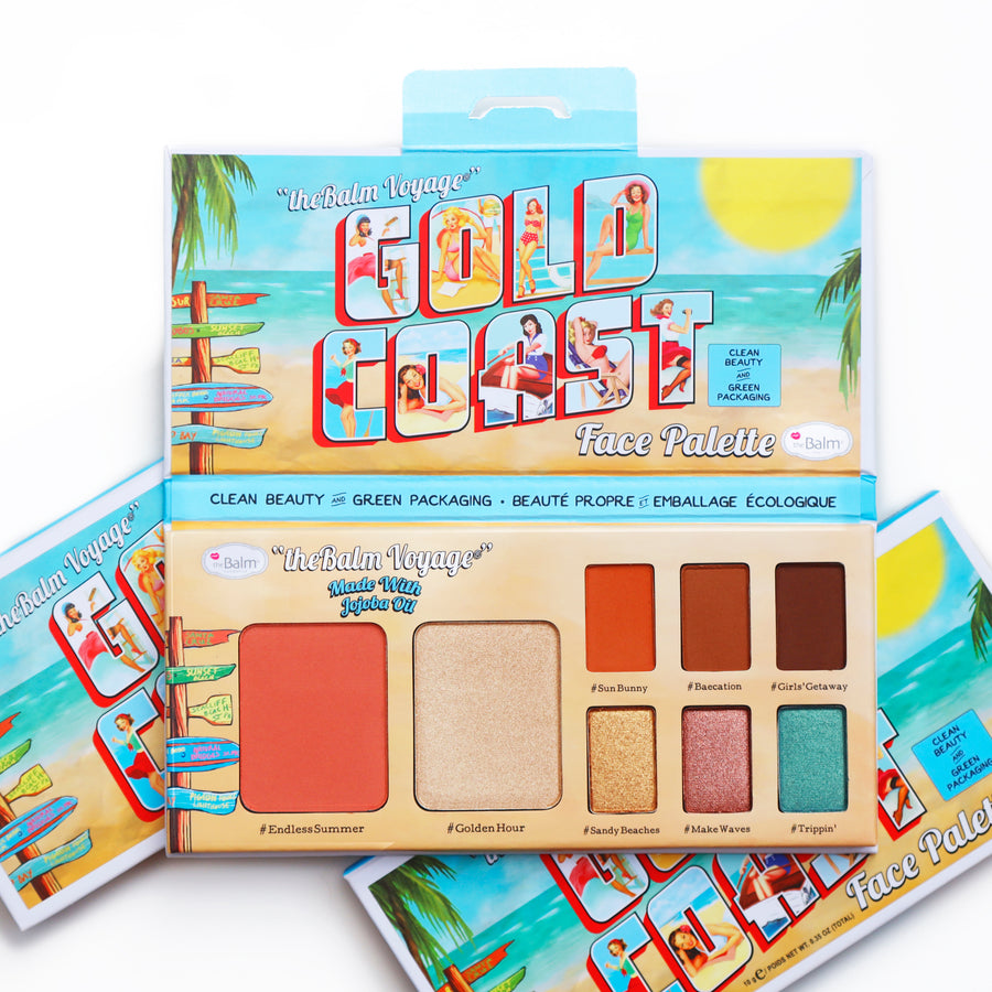 Photograph showing Gold Coast face palette packaging and makeup