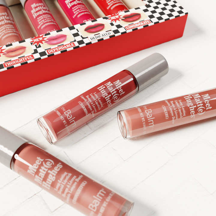 Photograph of Meet Matt(e) Hughes packaging and makeup highlighting three lipstick tubes