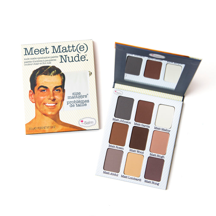 Photograph showing Meet Matt(e) Nude packaging and makeup. Makeup half closed