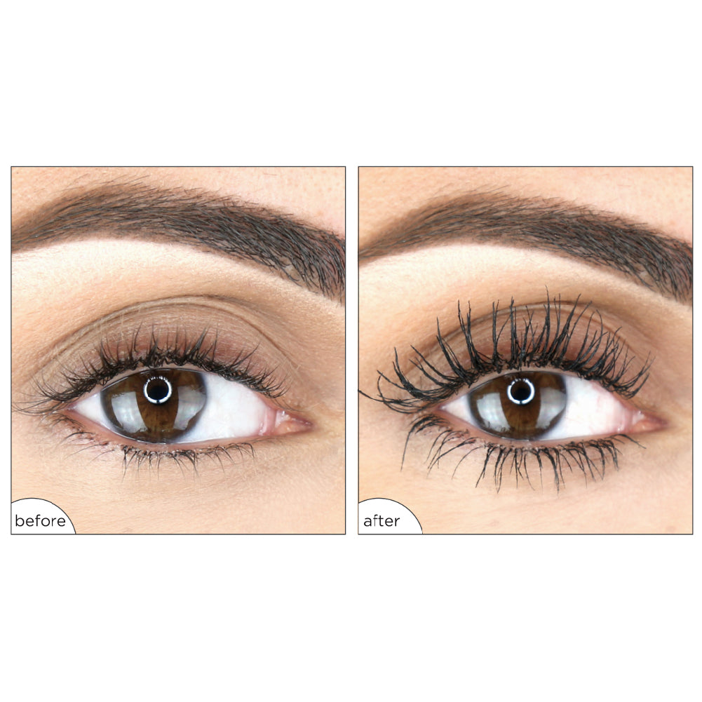 Photograph of Mad Lash mascara before and after. Lashes noticeably thicker and longer 