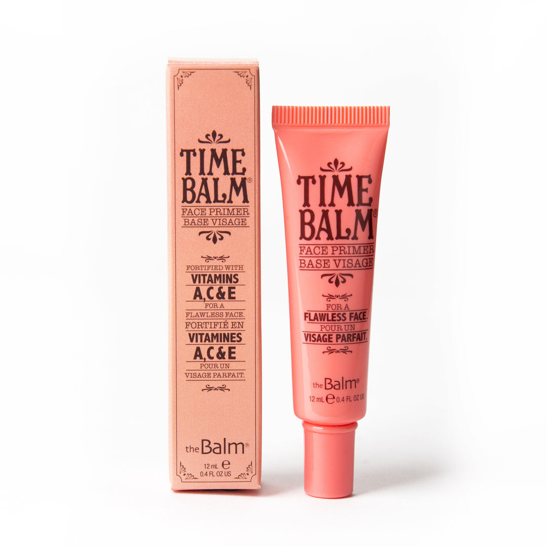 Photograph of Time Balm travel size packaging and makeup