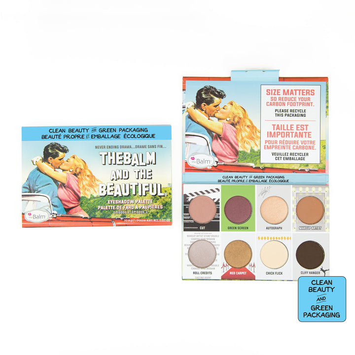 Photograph of TheBalm and the Beautiful packaging and makeup. 2 by 4 grid