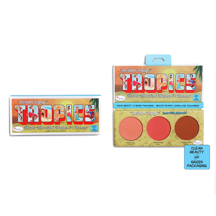 Photograph showing Tropics Powder Trio packaging and makeup. Clean beauty and green packaging