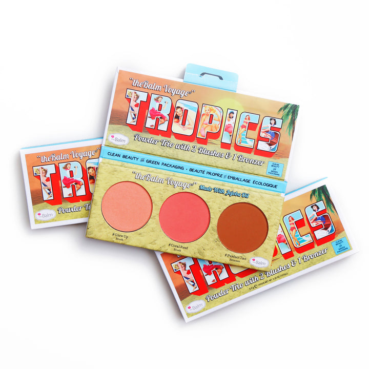 Photograph showing TheBalm Voyage Tropics Powder Trio Packaging and makeup