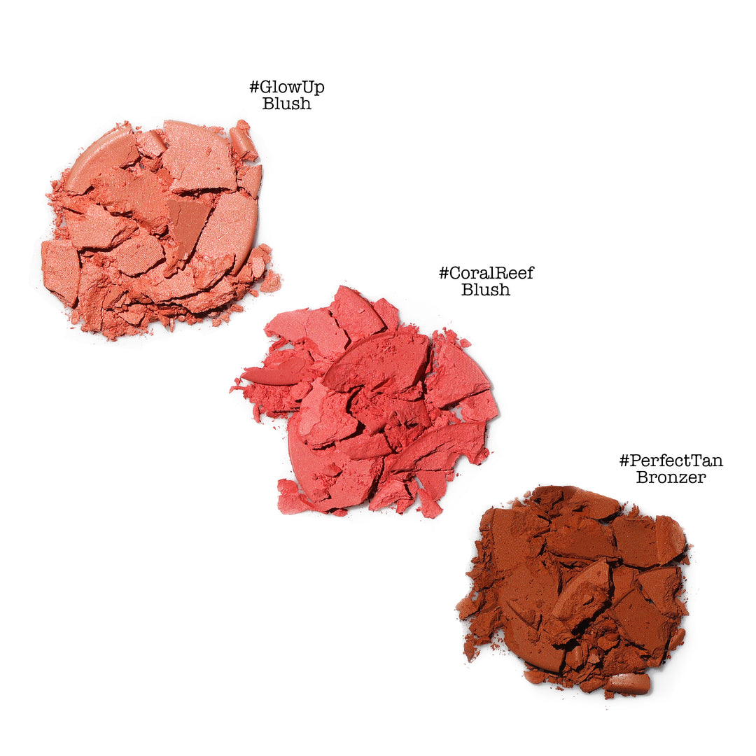 Photograph showing Tropics Powder Trio crumbles. Glow up, Coral Reef, and Perfect Tan