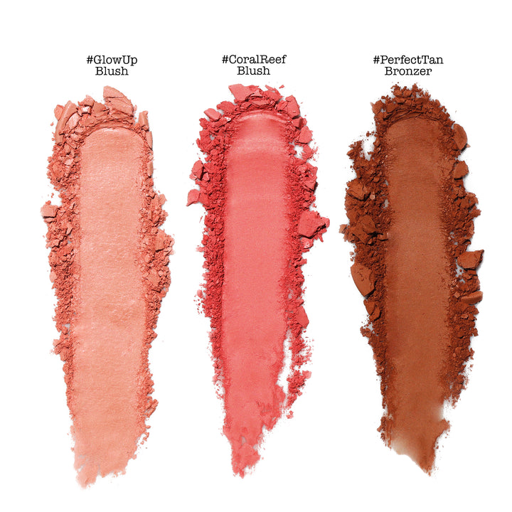 Photograph showing Tropics Powder Trio colors. Glow Up, Coral Reef, and Perfect Tan