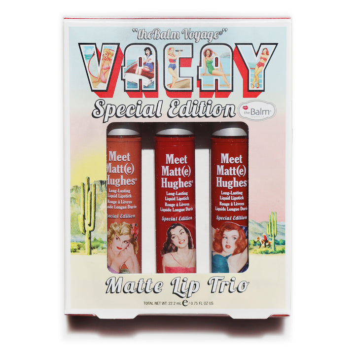 Photograph showing TheBalm Voyage Vacay three lipsticks packaging front